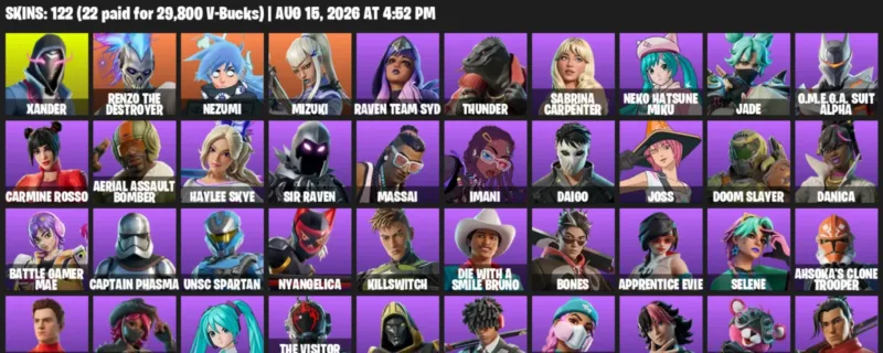 Fortnite account inventory for LVL 1547 - Xander - Renzo the Destroyer - 122 Outfits