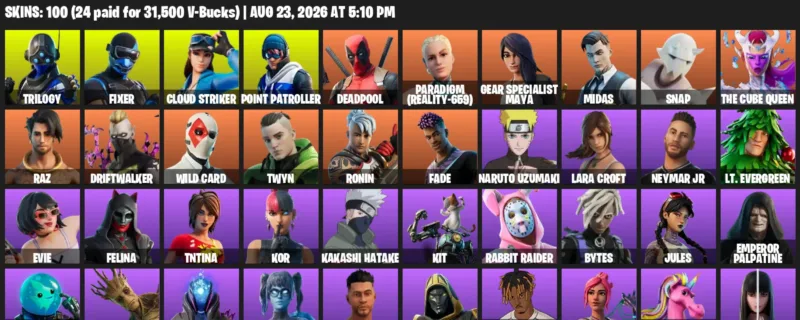 Fortnite account inventory for LVL 1921 - Trilogy - Fixer - 100 Outfits