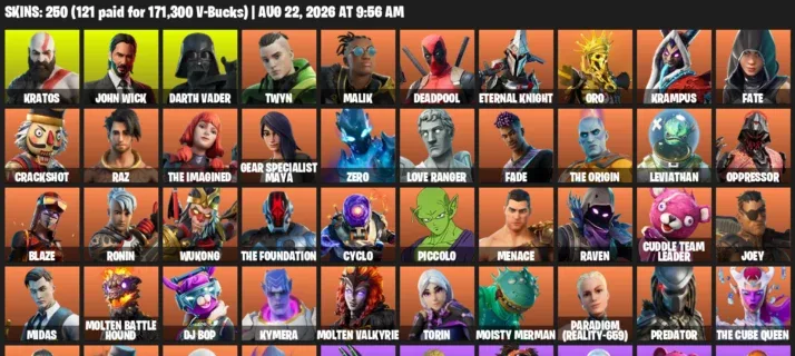 Fortnite account inventory for LVL 3748 - Kratos - John Wick - 250 Outfits