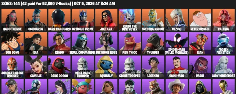 Fortnite account inventory for Kado Thorne - Omegarok - 120 Outfits