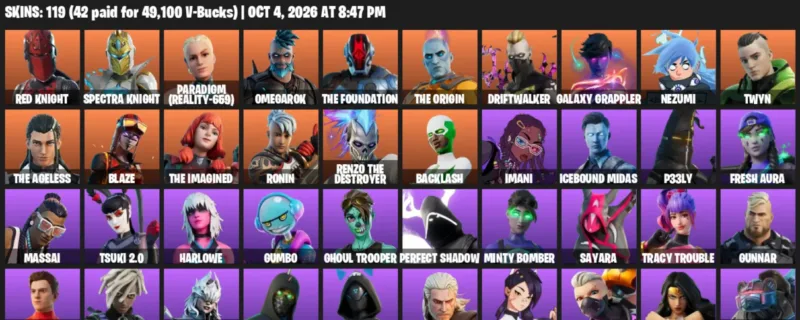 Fortnite account inventory for Red Knight - Spectra Knight - 119 Outfits