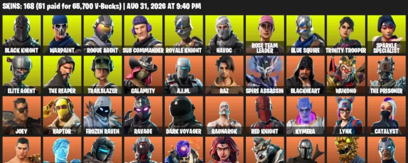 Fortnite account inventory for LVL 4176 - Black Knight - Warpaint - 168 Outfits