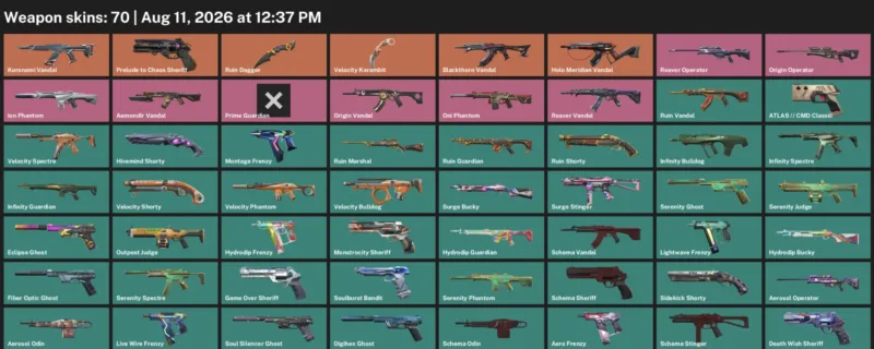 Valorant account inventory for LVL 317 · Ruin Dagger & Velocity Karambit & 70 Skins Ruin Dagger