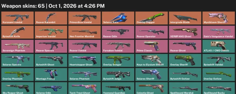 Valorant account inventory for LVL 211 · Reaver Karambit & Byteshift Knife & Intergrade Blade