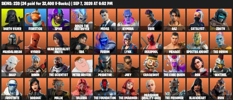 Fortnite account inventory for LVL 2551 - Darth Vader - Fishstick - 239 Outfits
