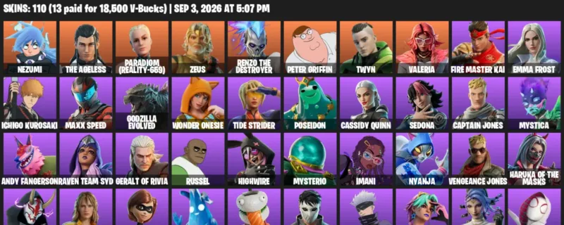 Fortnite account inventory for LVL 1387 - Nezumi - The Ageless - 110 Outfits