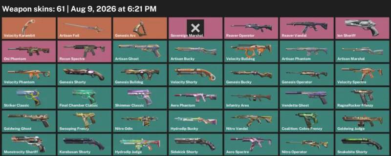 Valorant account inventory for LVL 238 · Velocity Karambit & Aero Phantom
