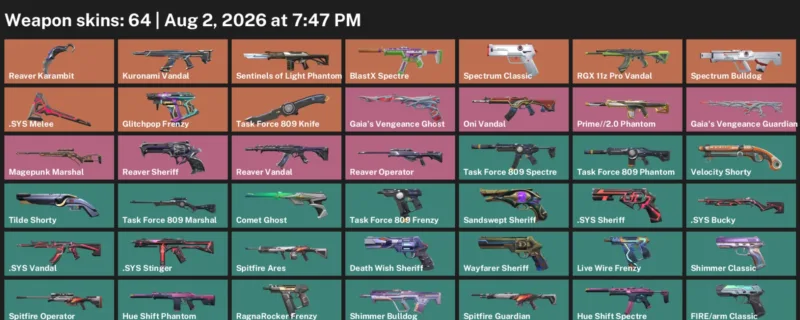 Valorant account inventory for LVL 267 · Reaver Karambit & Task Force 809 Knife