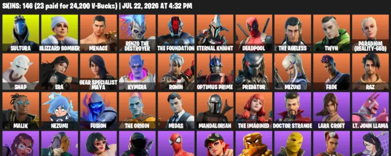 Fortnite Accounts listing: LVL 2481 - Sultura - Blizzard Bomber - 146 Outfits - 146 outfits
