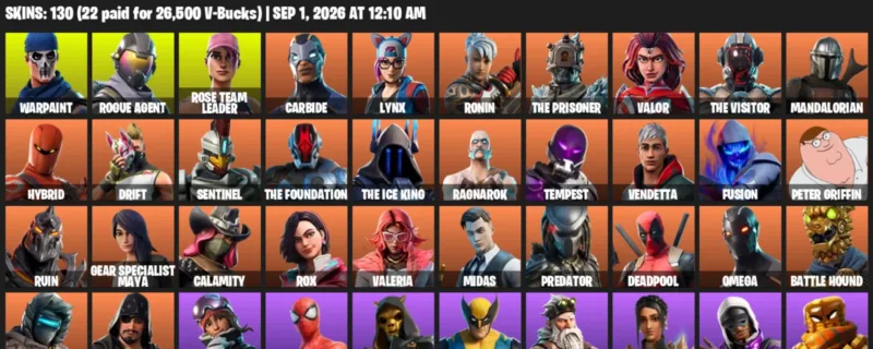 Fortnite account inventory for LVL 2457 - Warpaint - Rogue Agent - 130 Outfits