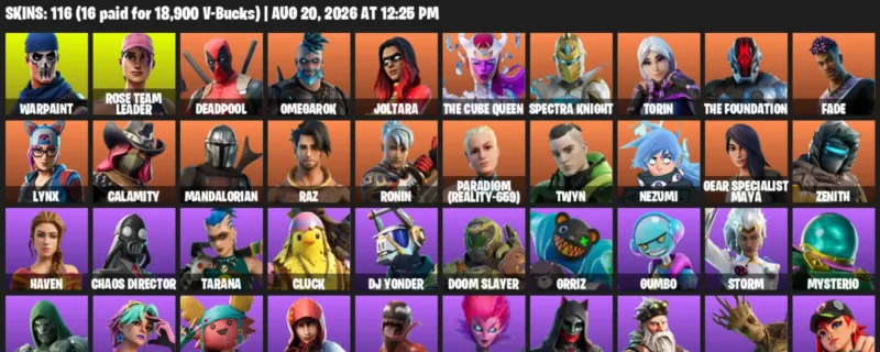 Fortnite account inventory for LVL 2016 - Warpaint - Rose Team Leader - 116 Outfits