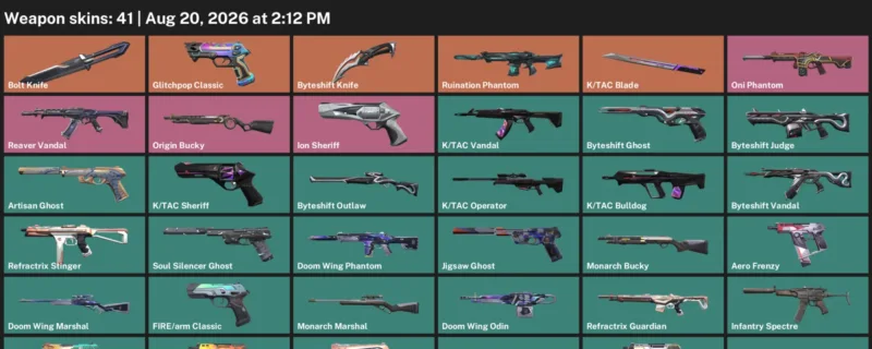 Valorant account inventory for LVL 218 · Tac Blade & Byteshift Knife