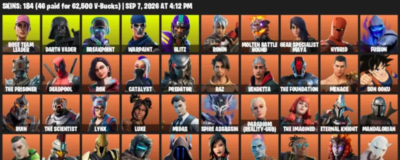 Fortnite account inventory for LVL 2054 - Rose Team Leader - Darth Vader - 184 Outfits