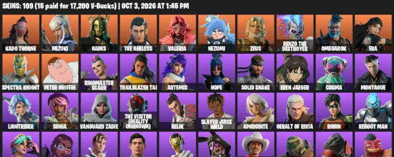 Fortnite account inventory for Kado Thorne - Mizuki - 109 Outfits