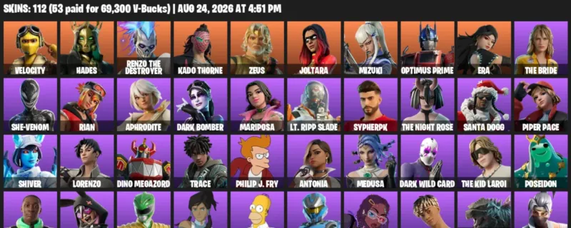 Fortnite account inventory for LVL 2876 - Velocity - Hades - 112 Outfits