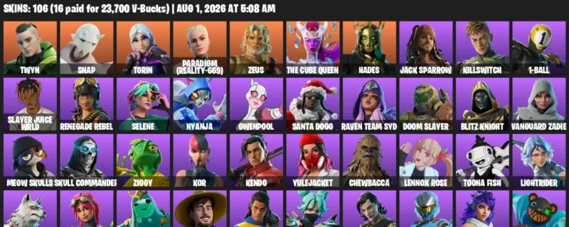 Fortnite account inventory for LVL 1777 - Twyn - Snap - 106 Outfits