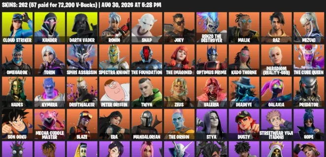 Fortnite account inventory for LVL 3270 - Cloud Striker - Xander - 262 Outfits