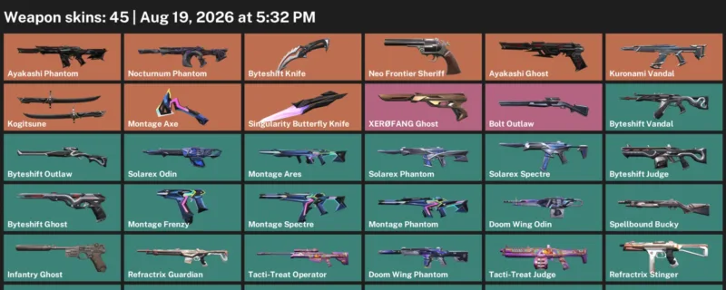 Valorant account inventory for LVL 54 · 45 Skins Byteshift Knife & Singularity Butterfly Knife