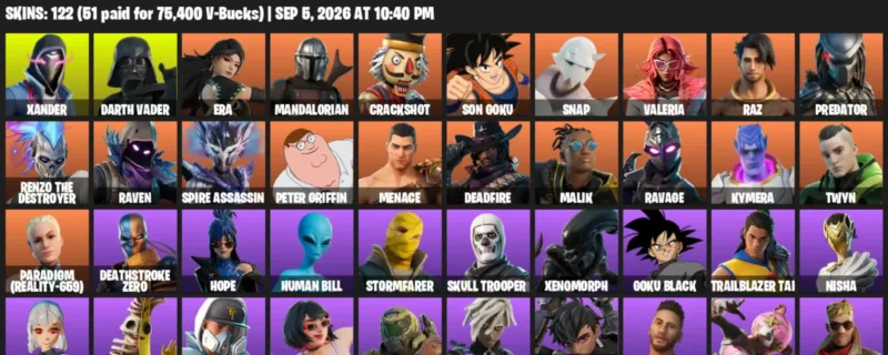 Fortnite account inventory for LVL 1135 - Xander - Darth Vader - 122 Outfits