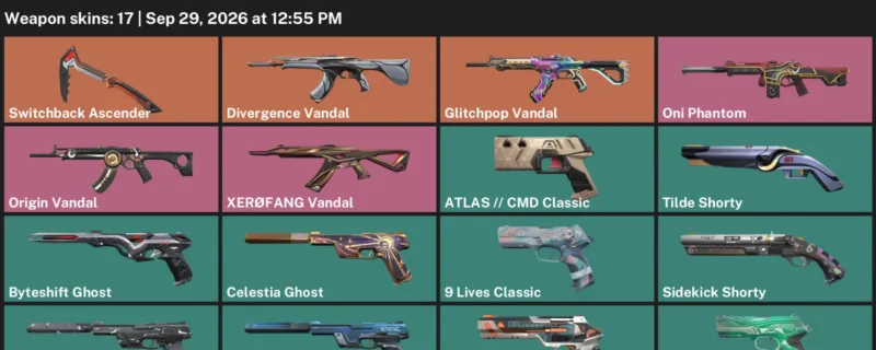 Valorant account inventory for LVL 228 · Glitchpop Vandal & Divergence Vandal
