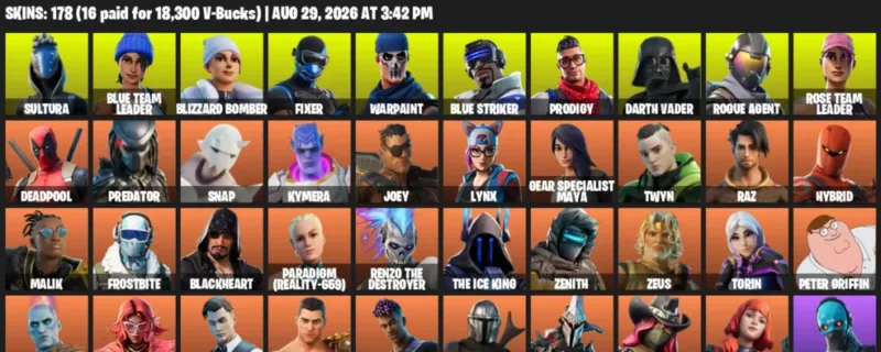 Fortnite account inventory for LVL 3029 - Sultura - Blue Team Leader - 178 Outfits
