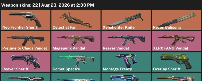 Valorant account inventory for LVL 126 · Celestial Fan & Xenohunter Knife & 22 Skins Celestial Fan
