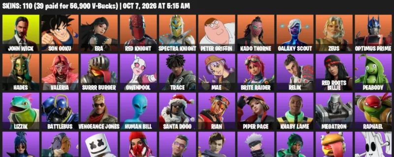 Fortnite account inventory for John Wick - Son Goku - 110 Outfits