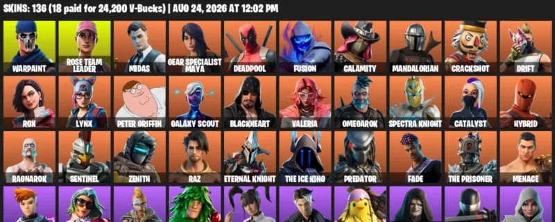 Fortnite account inventory for LVL 2264 - Warpaint - Rose Team Leader - 136 Outfits