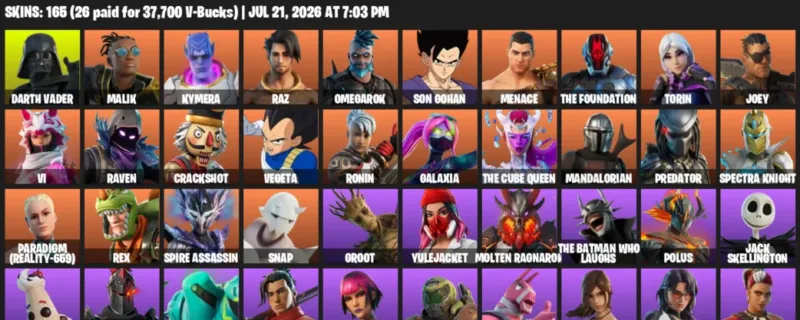Fortnite Accounts listing: LVL 2181 - Darth Vader - Malik - 165 Outfits - 165 outfits