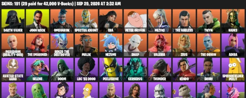 Fortnite account inventory for Darth Vader - John Wick - 120 Outfits