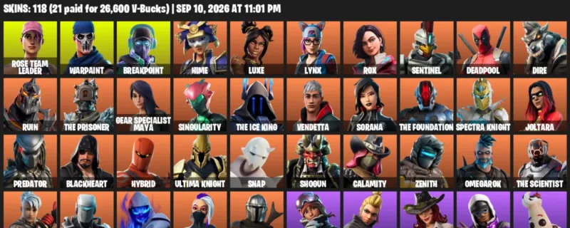 Fortnite account inventory for LVL 1108 - Rose Team Leader - Warpaint - 118 Outfits