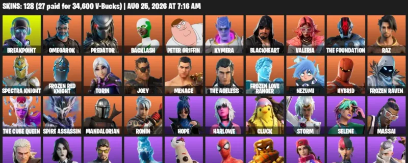 Fortnite account inventory for LVL 2035 - Breakpoint - Omegarok - 128 Outfits