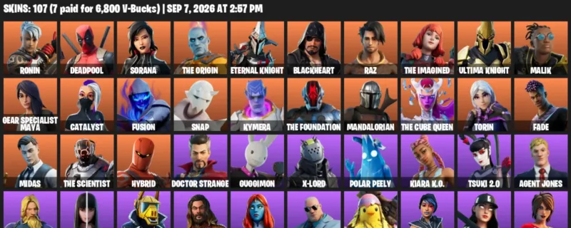 Fortnite account inventory for LVL 2023 - Ronin - Deadpool - 107 Outfits