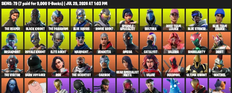 Fortnite Accounts listing: LVL 1047 - The Reaper - Black Knight - 79 Outfits - 79 outfits