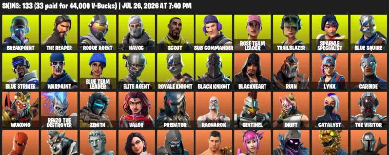 Fortnite Accounts listing: LVL 1953 - Breakpoint - The Reaper - 133 Outfits - 133 outfits