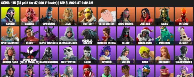 Fortnite account inventory for LVL 1989 - Xander - Valeria - 115 Outfits