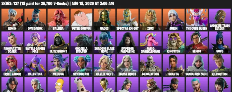 Fortnite account inventory for LVL 3004 - Ronin - Omegarok - 127 Outfits