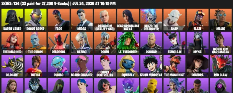 Fortnite Accounts listing: LVL 1116 - Darth Vader - Rogue Agent - 124 Outfits - 124 outfits