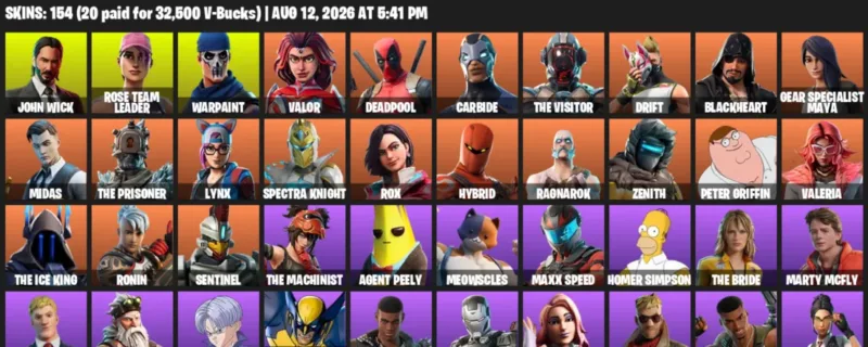Fortnite account inventory for LVL 1614 - John Wick - Rose Team Leader - 154 Outfits