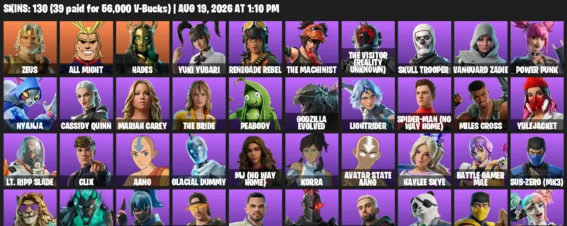Fortnite account inventory for LVL 1706 - Zeus - All Might - 130 Outfits