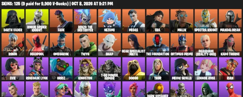 Fortnite account inventory for Darth Vader - Rogue Spider Knight - 120 Outfits