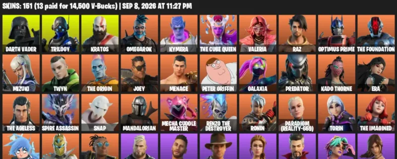 Fortnite account inventory for LVL 2850 - Darth Vader - Trilogy - 151 Outfits