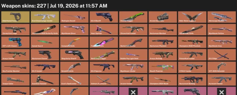 Valorant Accounts listing: LVL 397 · Byteshift Knife & Champions 2022 Butterfly Knife · 227 Skins - Platinum 3, 227 skins
