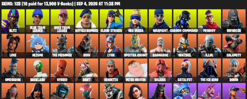 Fortnite account inventory for LVL 2052 - Blitz - Blue Team Leader - 128 Outfits