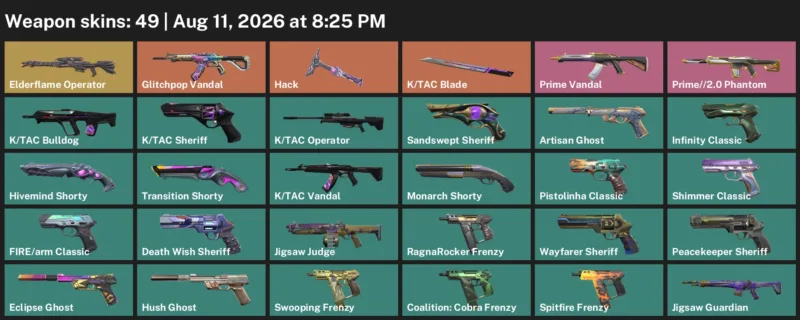 Valorant account inventory for LVL 374 · Elderflame Operator & Tac Blade