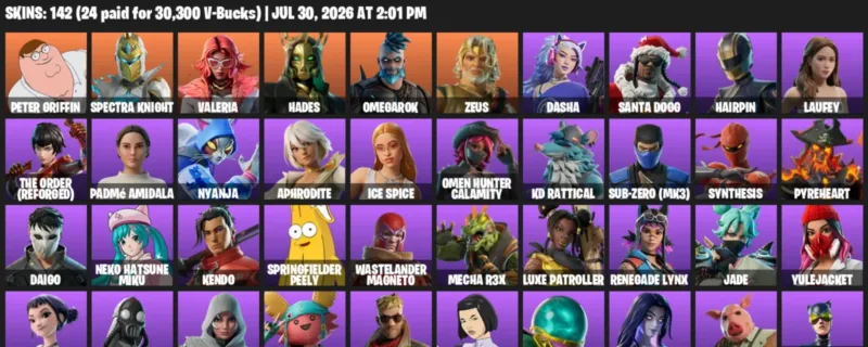 Fortnite Accounts listing: LVL 3048 - Peter Griffin - Spectra Knight - 142 Outfits - 142 outfits