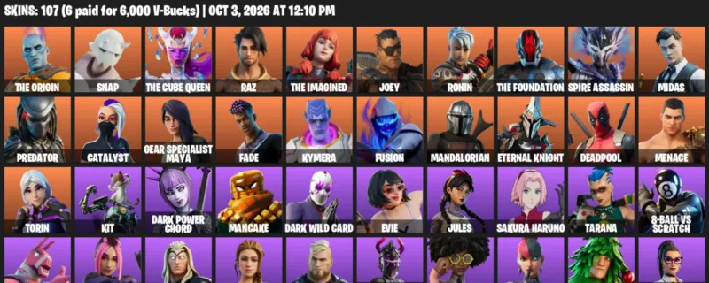 Fortnite account inventory for The Origin - Snap - 107 Outfits