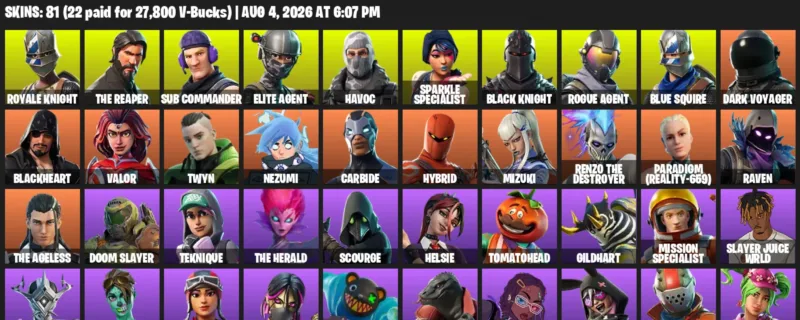 Fortnite account inventory for LVL 1053 - Royale Knight - The Reaper - 81 Outfits