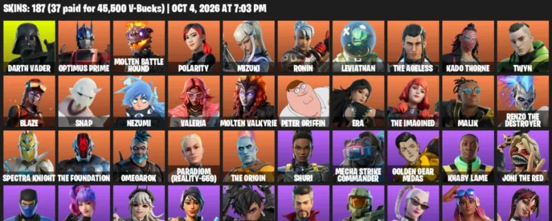 Fortnite account inventory for Darth Vader - Optimus Prime - 120 Outfits