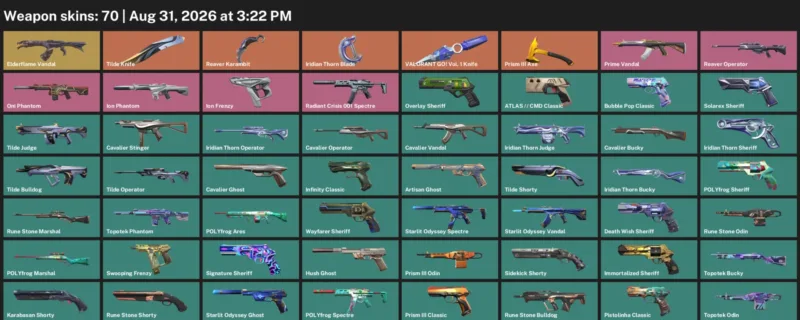 Valorant account inventory for LVL 352 · Iridian Thorn Blade & Reaver Karambit & Tilde Knife